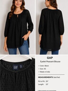 GAP Black Eyelet Peasant Blouse | 3/4 Sleeve Cotton Top